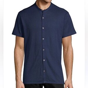 John Varvatos Large Button Up Knit Shirt Navy Blue with Subtle Dot Pattern